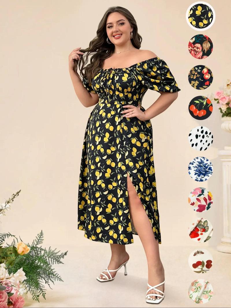 Product Introduction of Back To School Womenswear Plus Size Fruit Print Puff Sleeve Dress, Casual Wear Shirred Split Thigh A Line Dress for Daily Holiday Vacation Wear, Chic Dresses for Women, Women Plus Clothing for Summer,  Clarasummers14 Dress 12