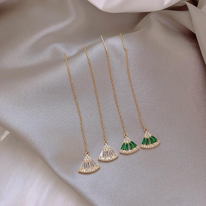 Product Introduction of Sterling Silver Needle Emerald Fan-Shaped Hanging Earrings Women's Asymmetric Earrings Temperament Korean Earrings Micro-Inlaid Craft Palace Style 0