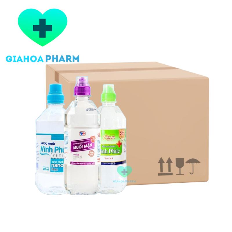 Nước muối Vĩnh Phúc súc miệng vệ sinh mũi họng rửa mặt THÙNG Smile Premium tinh chất Nano Bạc Muối mặn ưu trương 1.8%