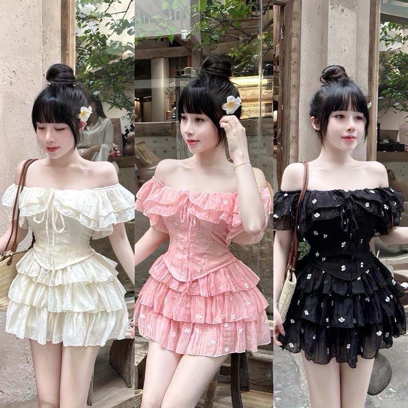 Set Áo Tơ Trễ Vai Bèo Hoa Nhí Váy Tầng - có mút Nữ Women