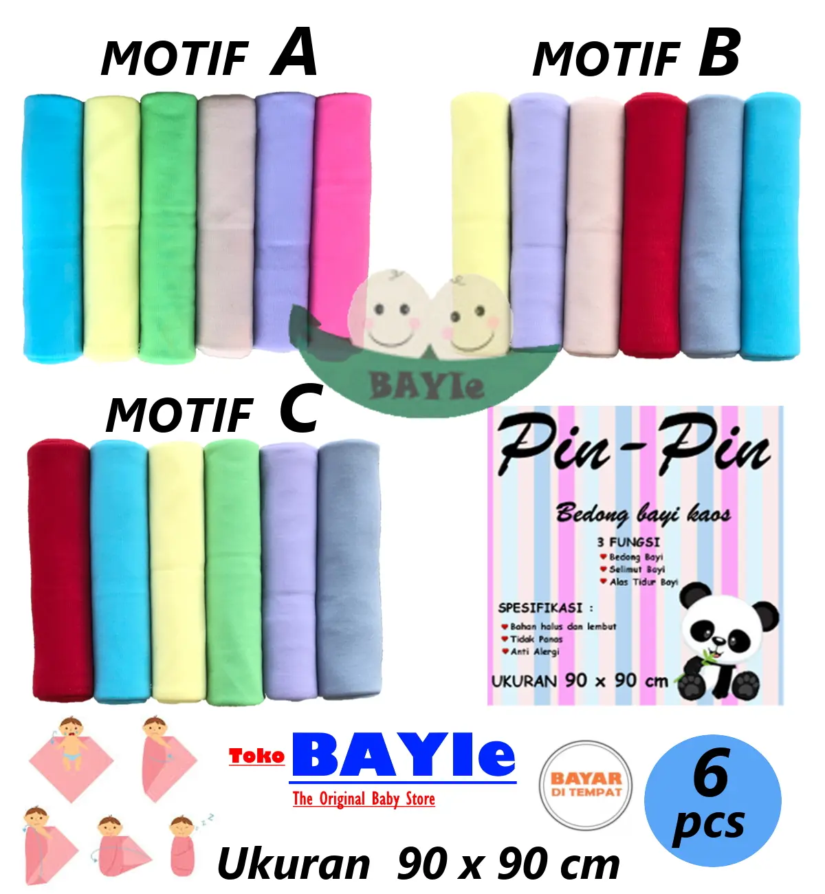 6 PCS Bedong Bayi Kaos PIN-PIN Size 90 X 90 cm/Selimut Bayi/Alas bayi/Alas kereta/perlengkapan bayi Warna