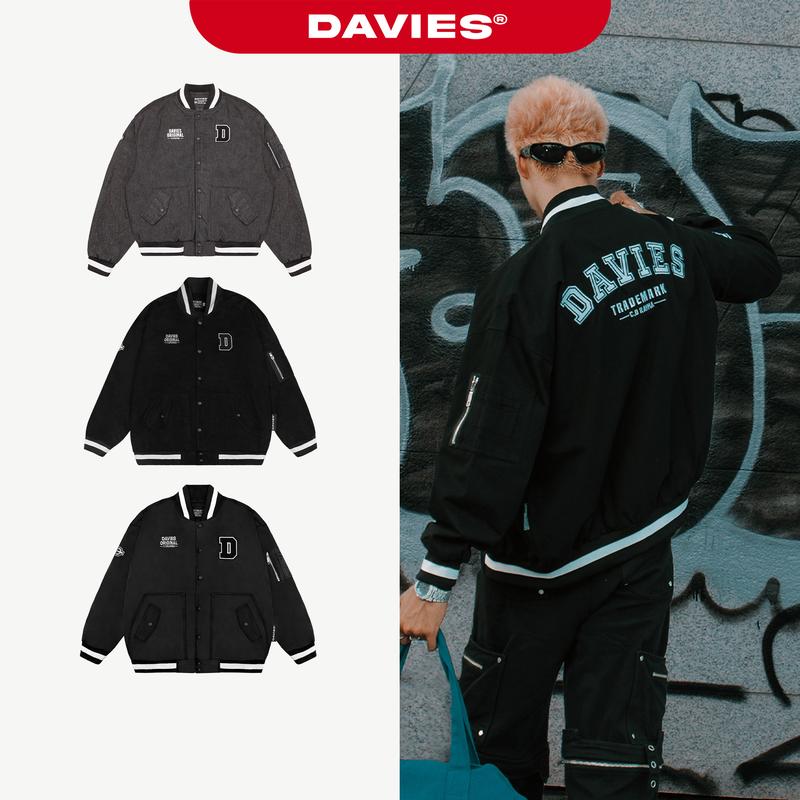 Áo khoác bomber nam nữ form rộng DAVIES local brand vải dù kaki Jean màu đen thêu chữ Khaki Daviesism Jacket I D36-AK6