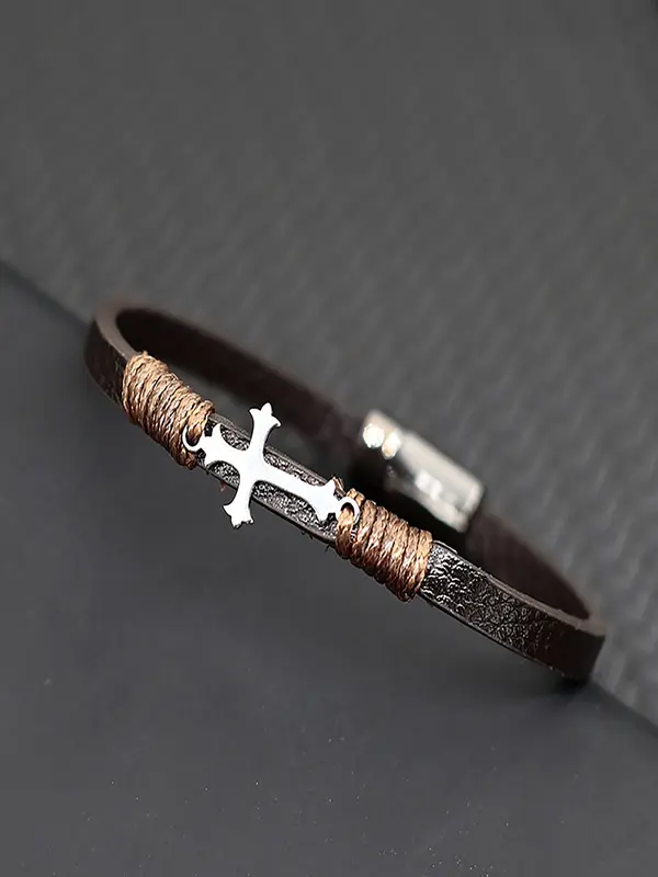 Men's Vintage Cross Charm Decor Bracelet, Fashionable Leather Bracelet for Party, Daily Clothing Decor, Trendy All-match & Exquisite Jewelry for Birthday Gift 6