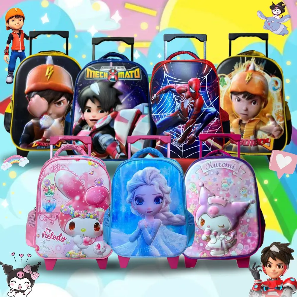 36cm 3D Kindergarten Cartoon School Bag Trolley Sekolah Rendah Trolli Tarik Roda Kartun Budak Lelaki Perempuan