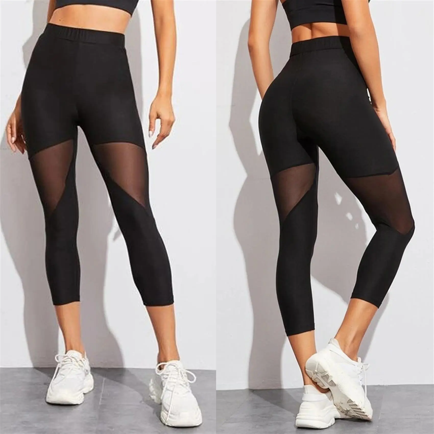Sports Yoga Stretch Pants Women Mesh Stitching Cropped Pants Running Leggings  FEE