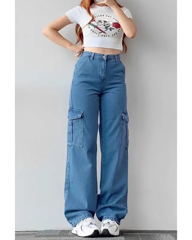 CELANA KULOT CARGO LOOSE HIGHWAIST WANITA PREMIUM Denim Kancing Light Panjang Saku Samping jeans 6