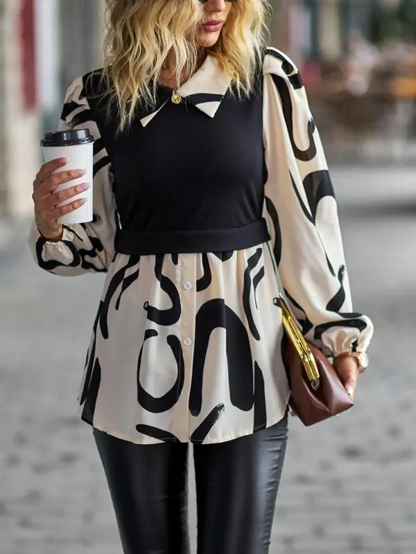 Women's All Over Print 2 in 1 Bishop Sleeve Blouse, Elegant Long Sleeve Button Front Top for Spring & Fall, Women's Clothing for Daily Wear 2