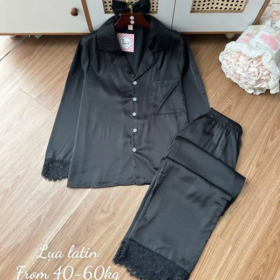 Size 40-60kg- Bộ Lụa Latin Tơ Tằm Cao Cấp Cổ Bẻ Queen Tay Dài Quần Dài Viền Ren TDQD Mềm Mát Mặc Nhà Cao Cấp VIP203  Nữ Women Pijama Voan