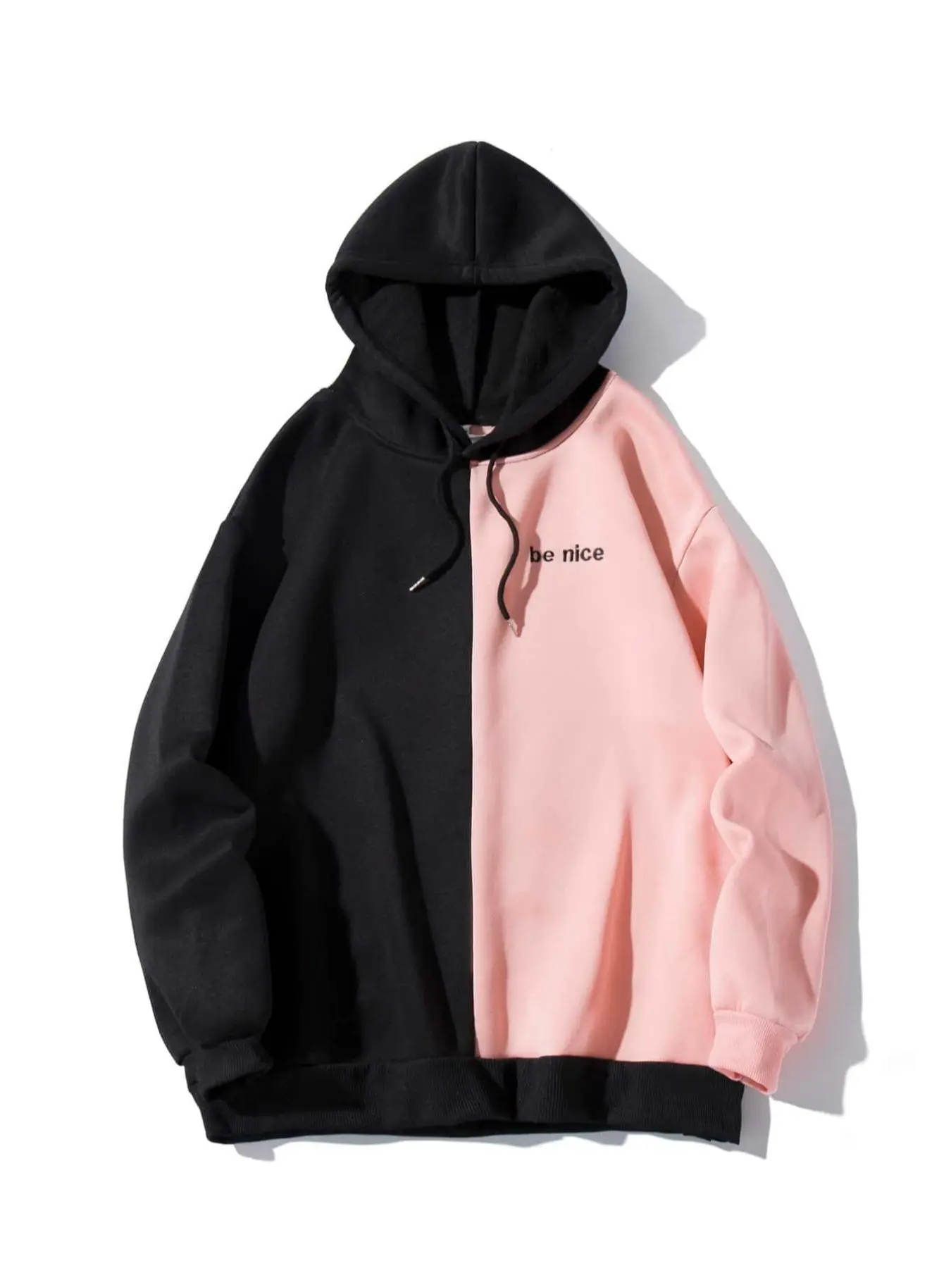 Men's Colorblock & "be nice" Print Drawstring Hoodie, Regular Fit Casual Hooded Sweatshirt, Going Out Outfit, Men's Clothes for Fall & Winter