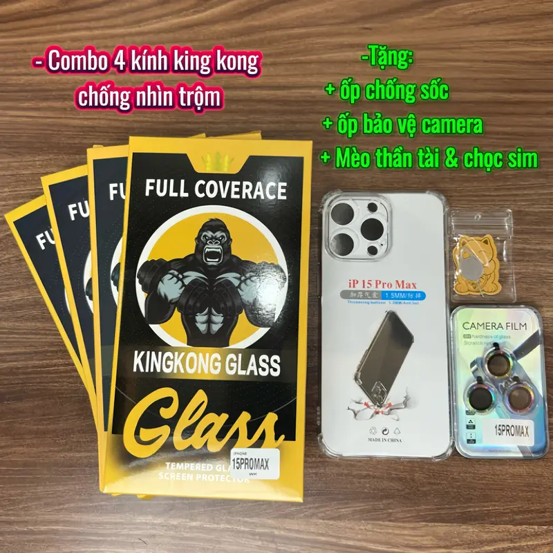 (COMBO 8 MÓN) 4 Kính cường lực KingKong Glass CHỐNG NHÌN TRỘM  có khung tự dán, TẶNG 1 ốp chống sốc 35k+1 bộ bảo vệ camera 50k + 1 mèo thần tài+ 1 que chọc sim - DC Phụ Kiện 1
