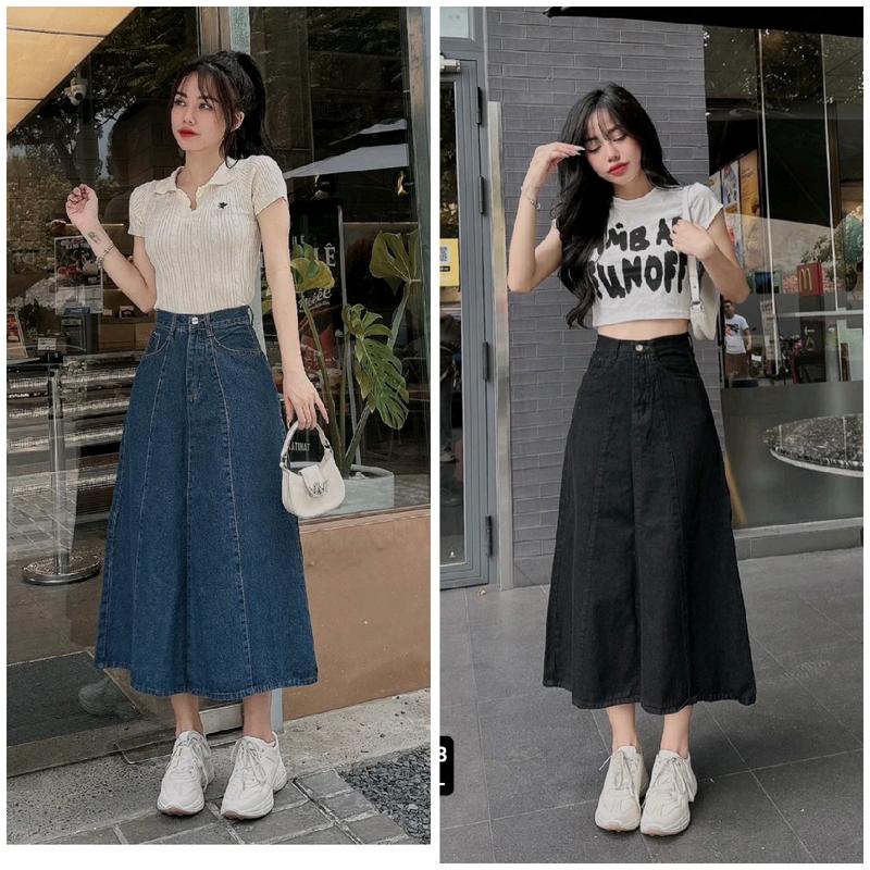 Chân váy jean phom chữ A dáng dài xoè bồng bềnh