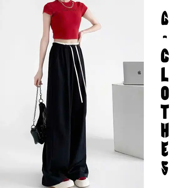 Quần ống suông rộng cạp phối 2 màu có dây rút tôn dáng nữ, chất liệu lụa băng thoáng mát Women Pants 7