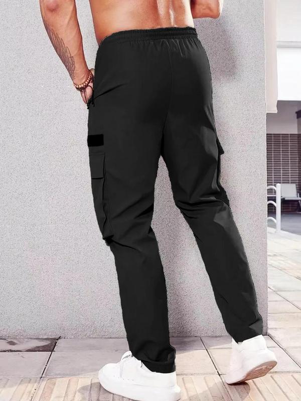 Men's Solid Color Cargo Pants, Regular Fit Casual Comfy Elastic Waist Trousers for Daily Wear, Men's Bottoms for All Seasons, Beige 1