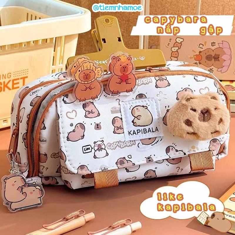 Túi bút, túi đựng bút Capybara nắp gập 4 ngăn vải canvas dày dặn đứng form hop dung