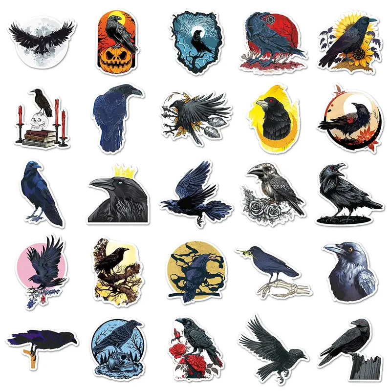 Crow Pattern Car Sticker, 50pcs/set Waterproof Self Adhesive Decor Paper, Decor Sticker for Gift Greeting Card Water Bottle Laptop Phone Case 4