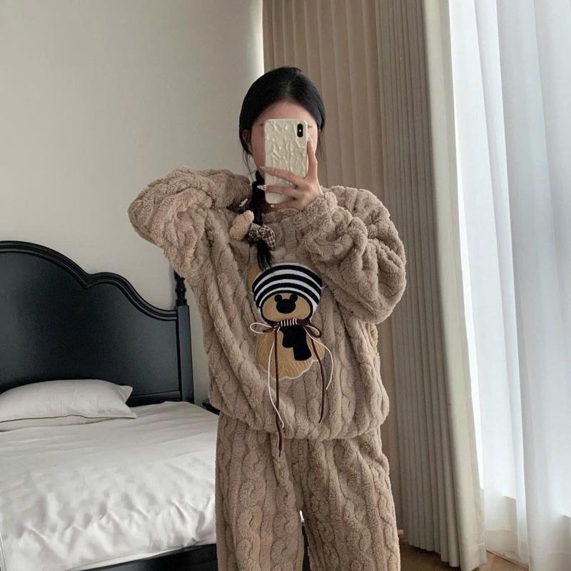 Qc (mã mới) Bộ ngủ lông xoăn GẤU mũ 6 màu An nhiên shop mùa đông Women Nữ - bộ Áo lông Ann Nhiên 3