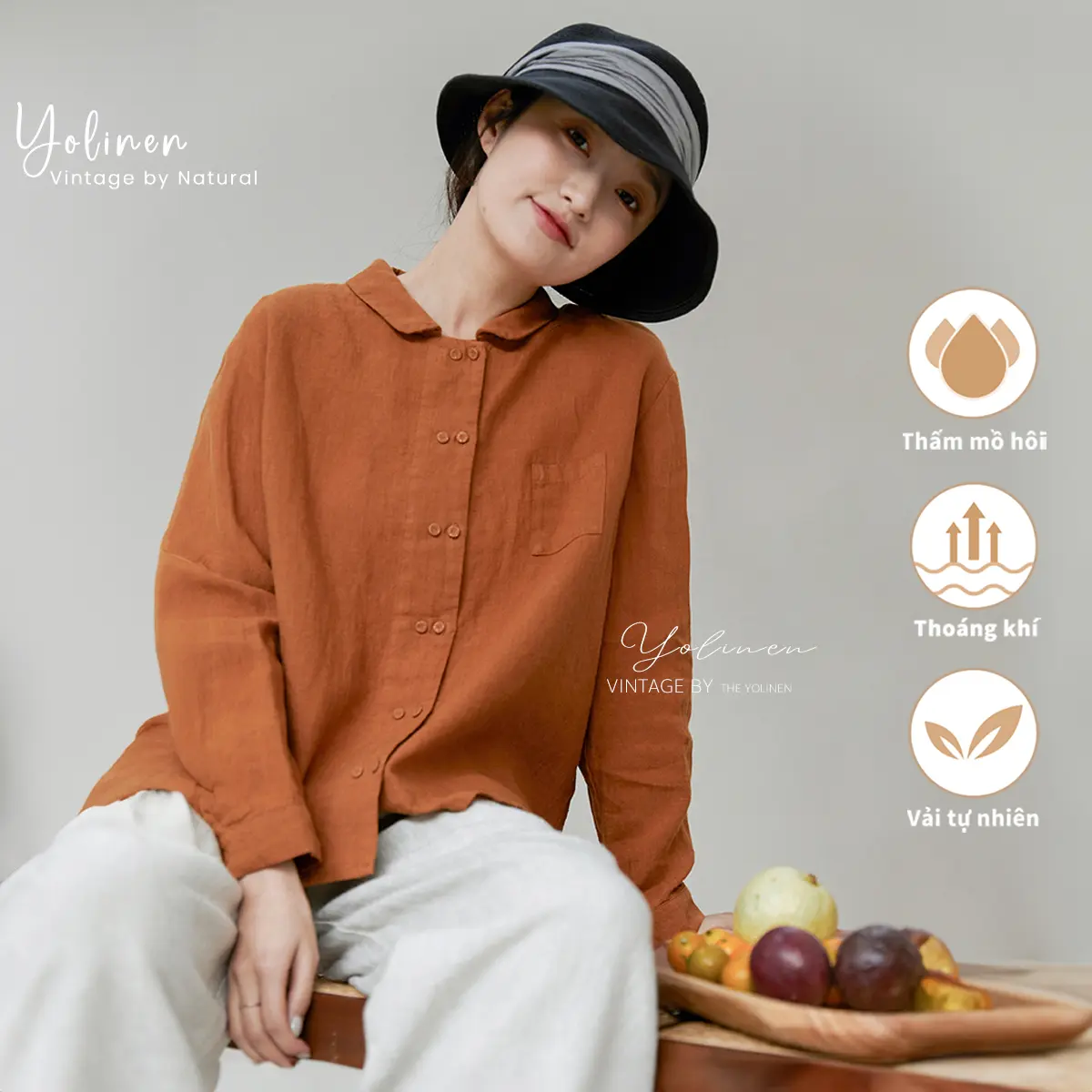 Áo sơ mi linen nữ form rộng 2 hàng nút màu cam đất tôn da trẻ trung ASM005