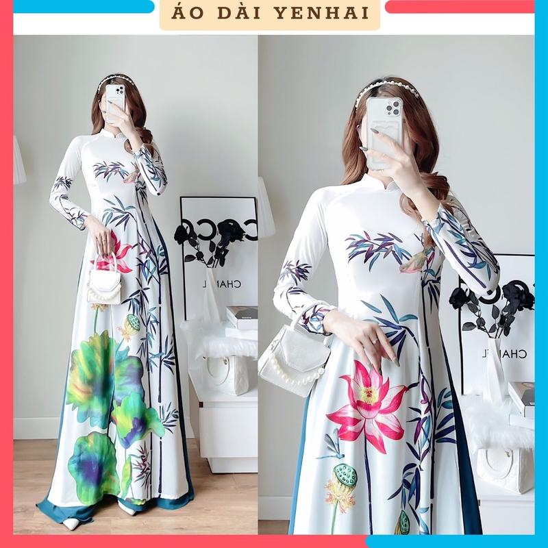  D1138 - Áo dài truyền thống họa tiết hoa sen kết hợp lá tre chất lụa Hapu mềm mịn co giãn 