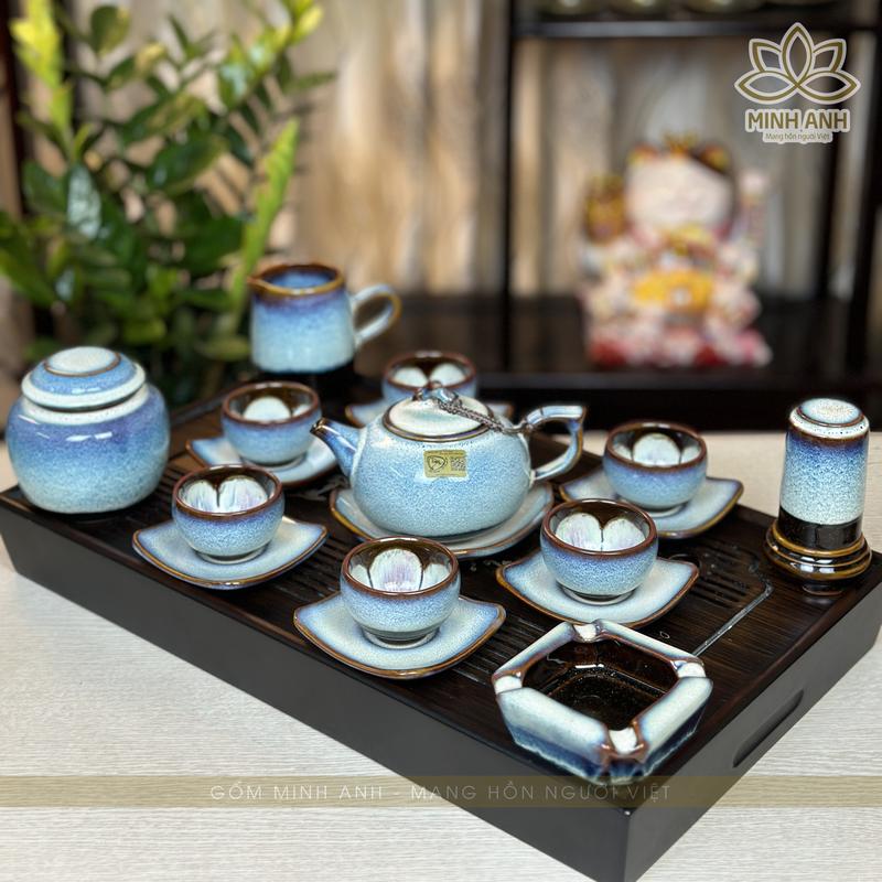 Bộ ấm chén Bát Tràng nghệ nhân ưu tú Tô Thanh Sơn dáng quả Hồng men Hỏa biến màu Xanh Hồng Phấn kèm Phụ kiện