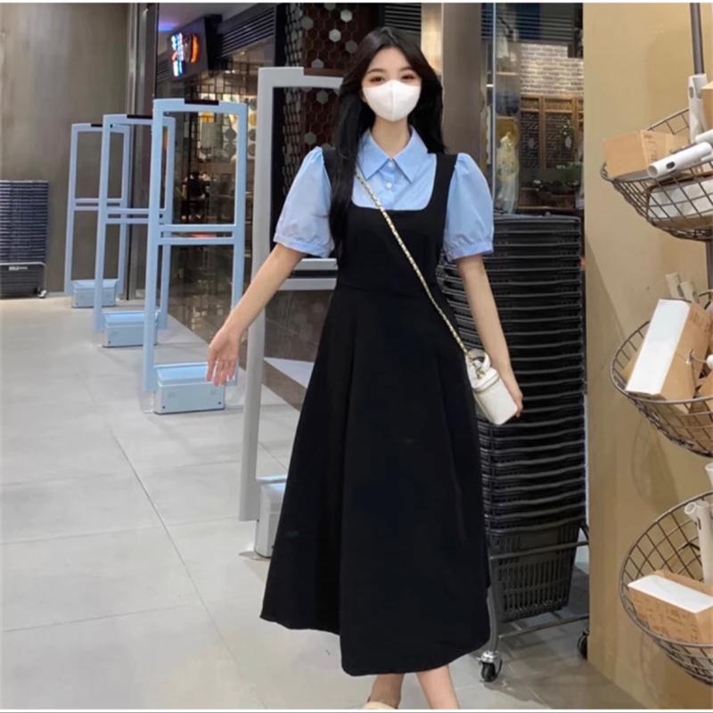 ￼Đầm váy đen sơ mi tay ngắn phối xanh biển công sở nữ tính thanh lịch 4