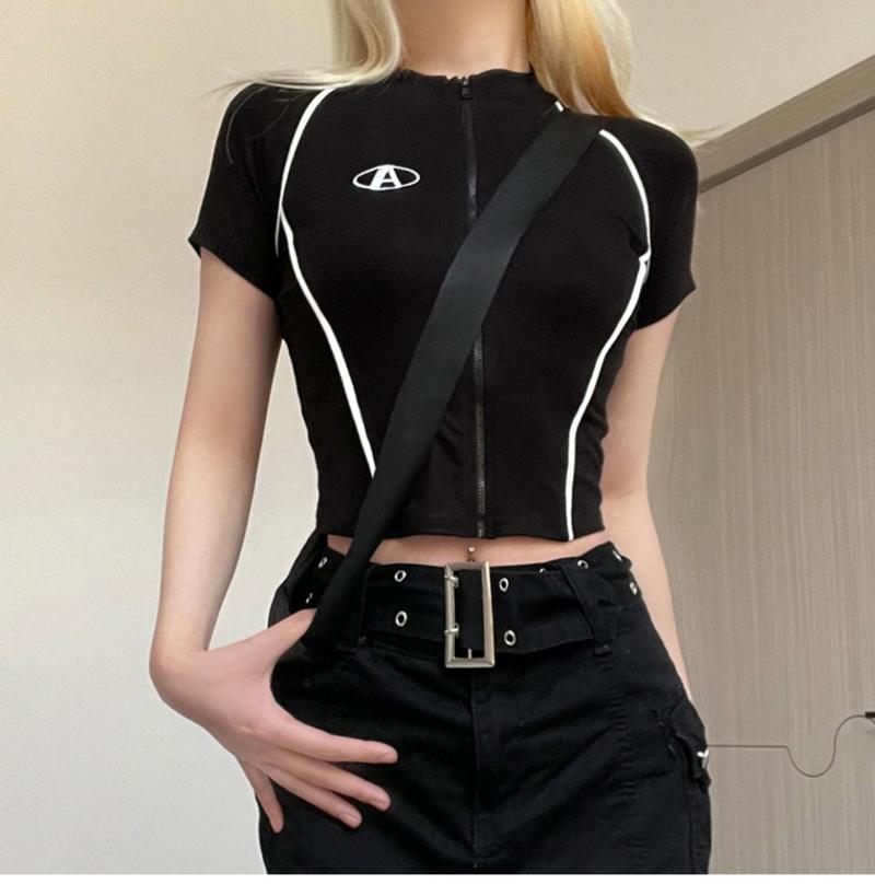 Product Introduction of Áo Cardigan Có Khóa Kéo, Phong Cách Xe Máy Mỹ, Áo Thun ngắn Tay Dành Cho Nữ, Có Sọc Nụ Thêu, Màu Đen, Áo Thể Thao Và Thể Dục Dễ Phối Đồ 4