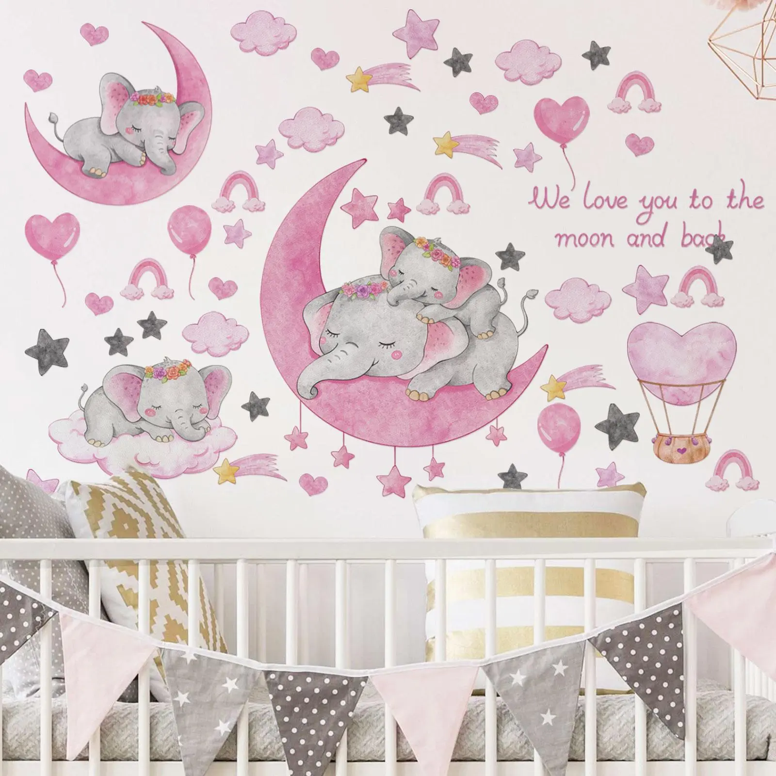 Cartoon Elephant Pattern Wall Sticker, Self-Adhesive Moon & Stars Decor Decal, Creative Design Wall Trim, Decorative Wallpaper for Kids' Room