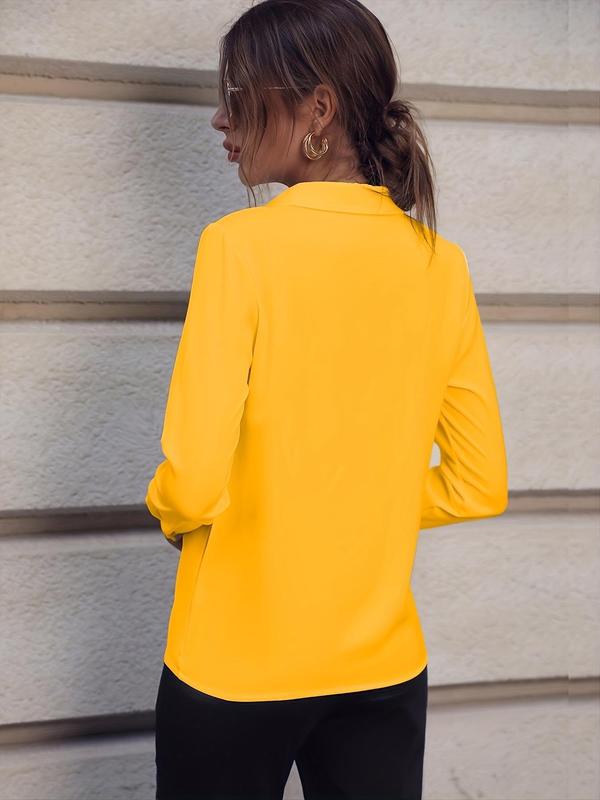 Women's Faux Pearl & Buckle Decor Long Sleeve Collar V Neck Blouse, Elegant Solid Blouses for Work Office Business, Spring & Fall Clothes 5