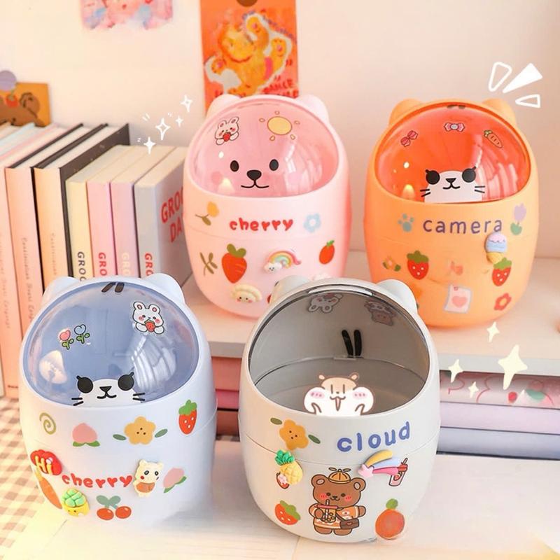  ￼ KÈM STICKER  Thùng Rác Mini Hình Gấu Có Nắp Kiêm Hộp Đựng Bút Và Đồ Cá Nhân Để Bàn 