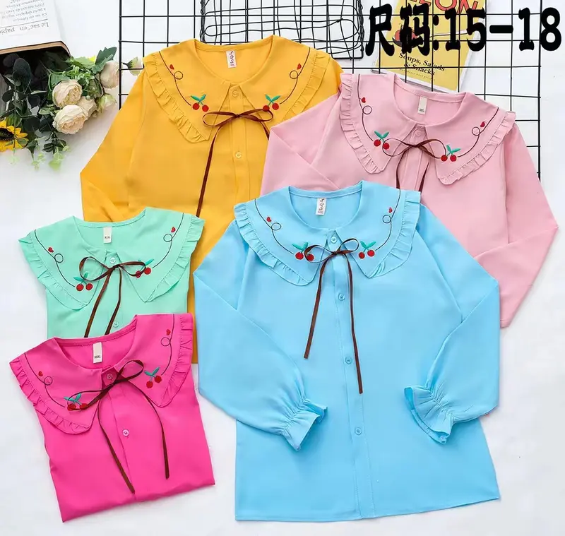 DYNA KIDS. Baju Atasan Kemeja Anak Perempuan 6-9 Tahun Motif Bordir Di Kerah Fashion 3