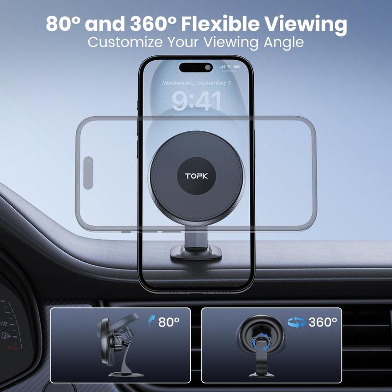 Product Introduction of TOPK Car Dashboard Phone Holder, 360° Rotatable Car Phone Holder with Magnetic Suction, Universal Car Interior Accessories for iPhone 15 14 13 Pro Max 5