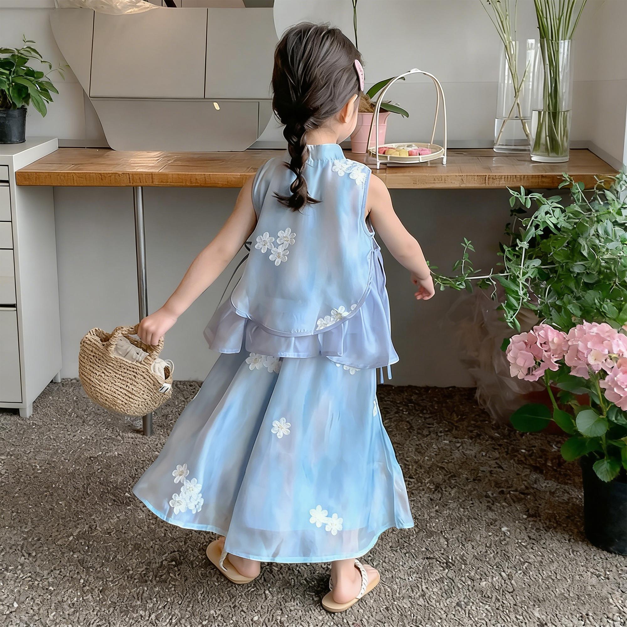 Ceria-Setelan Musim Panas Anak Perempuan/ Set Dua Potong Gaun Tanpa Lengan dengan Motif Bunga 2026