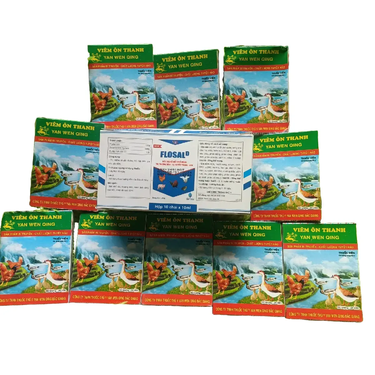 Combo 10 lọ FlosalD + 10 vỉ viêm ôn thanh 24 viên/vỉ thuốc trị khò khè, sổ mũi cho gà, vịt