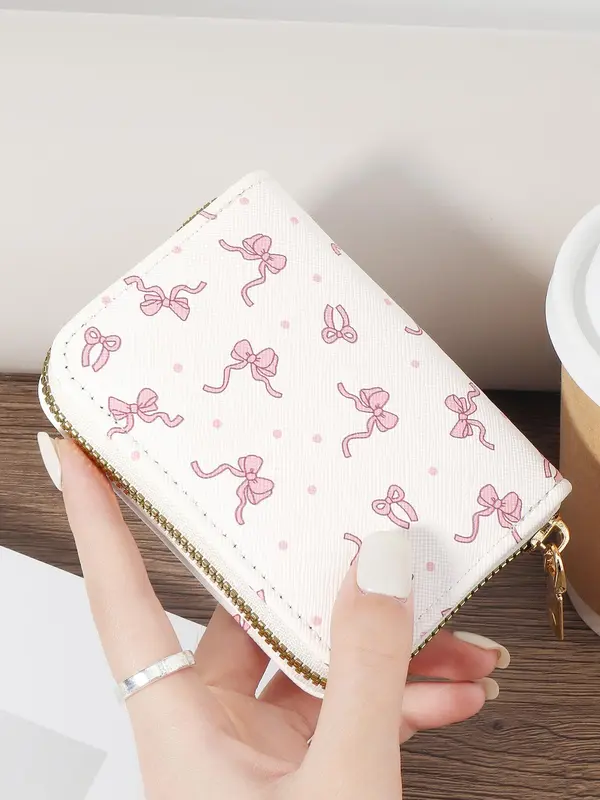 Women's Cute Cartoon Bow Pattern Card Holder, Casual Multi Card Holder with Double Zipper, Simple Casual Multi Card Holder for Outdoor Activities, Travel, and School 3