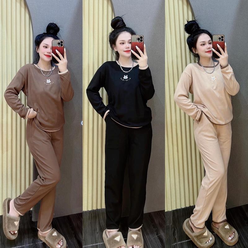  Set Bộ Nữ Thun Tăm Quần Ống Đứng Áo Tay Dài Thêu Thỏ Bo Viền Women Ong Top Voi Bigsize  40-80 KG 
