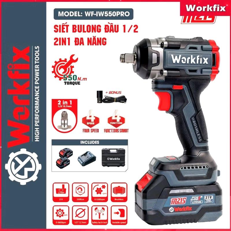 [Chính hãng] Máy Siết Bulong dùng pin Workfix  WF-IW550 PRO Đầu 2 Trong 1, Lực siết lớn 550NM Mở Vặn Ốc Ô Tô, Xe Máy, tay ga khoan bắt vít