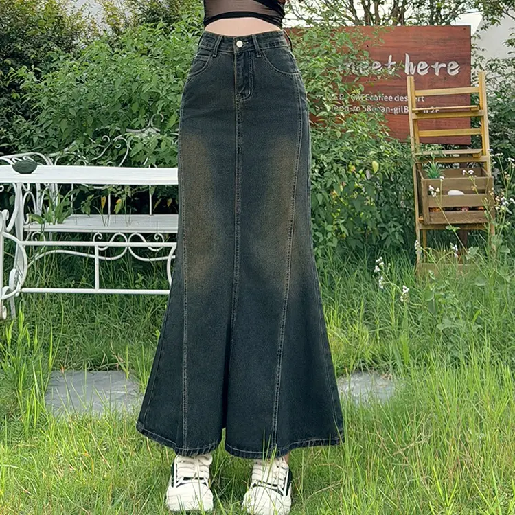 Chân váy jean dài nữ xòe cạp cao tôn dáng vải bò denim dày dặn màu xanh đậm V15 5