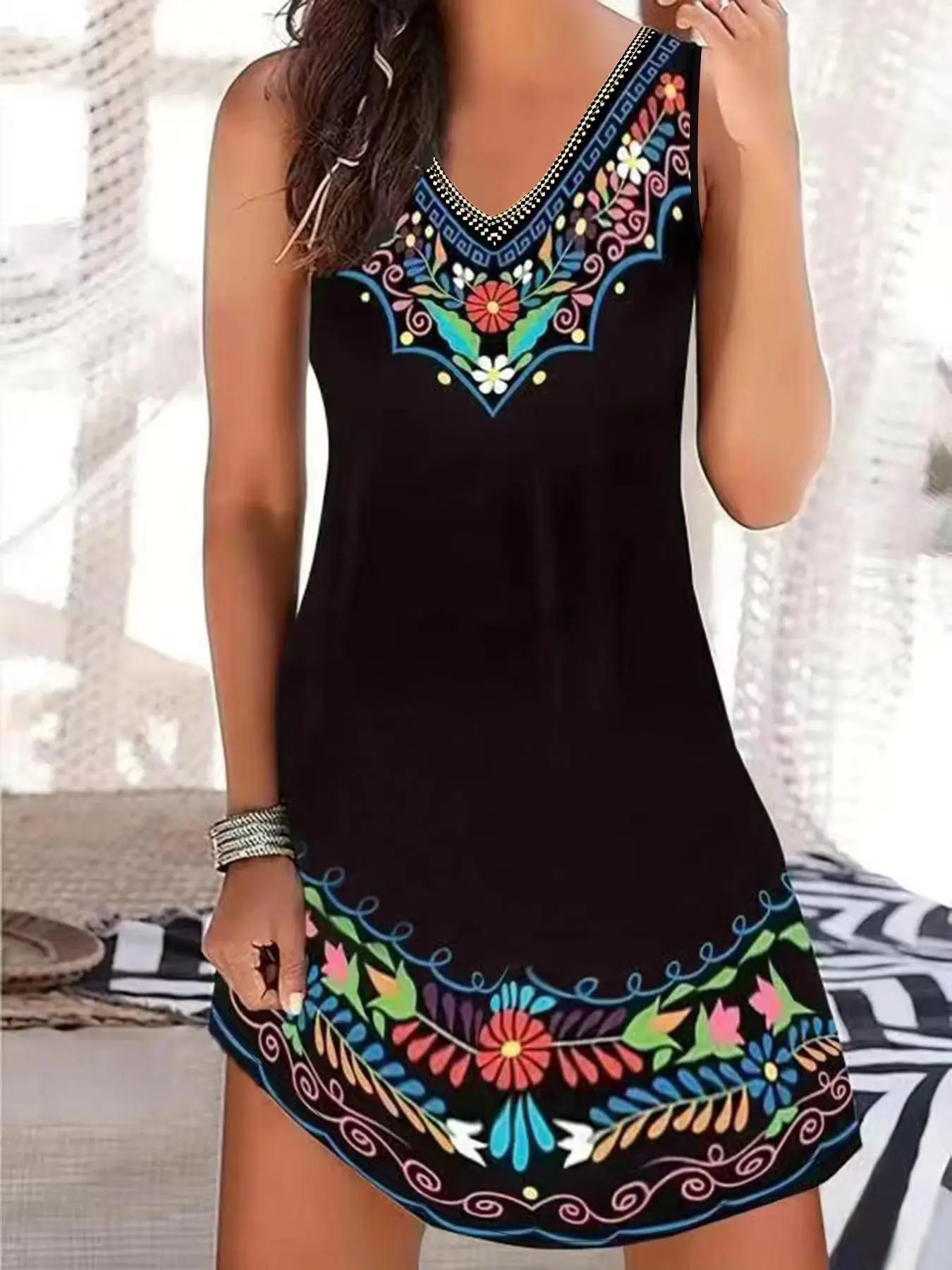 Women's Ethnic Floral Print Tank Dress, Summer Clothes, Boho Fashion Sleeveless Short Dress for Beach Holiday Vacation, Ladies Summer Clothes, Dresses Summer