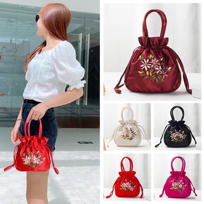 Túi Bucket Thêu Răng Cầm Tay, Thủ Công, Dây Rút Ruy Băng, Túi Hoa, M5A6, Đeo 2