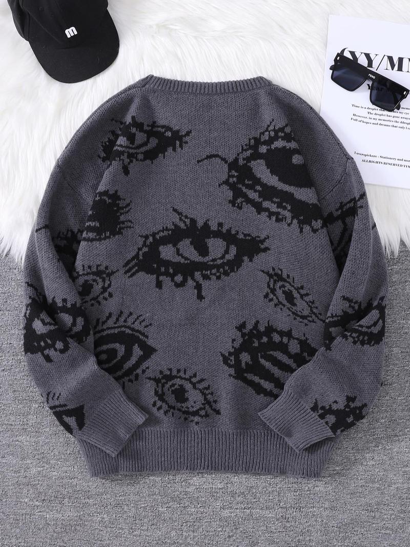 Product Introduction of Men's All Over Eye Print Drop Shoulder Sweater, Regular Fit Casual Long Sleeve Round Neck Jumper for Fall & Winter, Fashion Men's Knitwear for Daily Wear 9