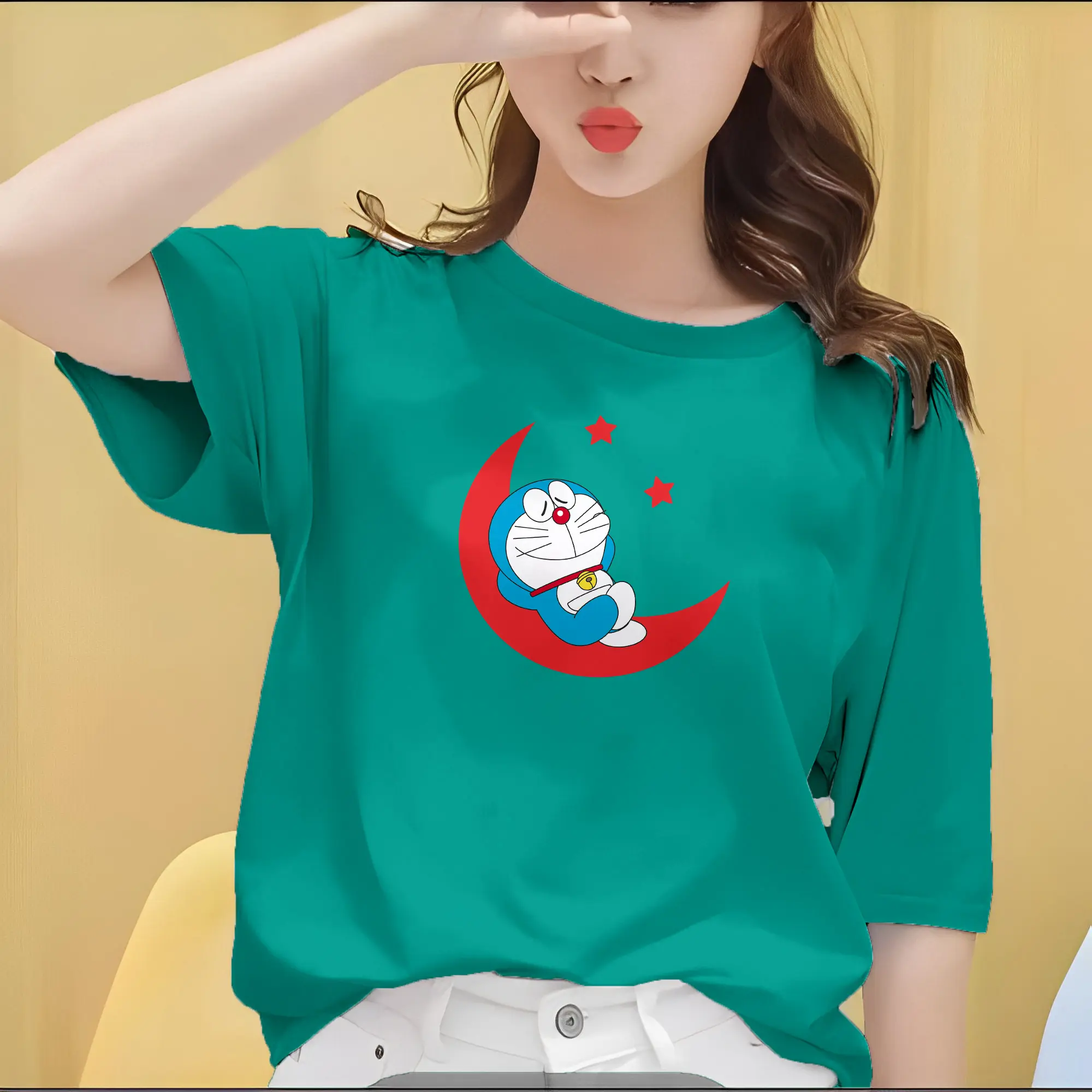 Baju Kaos Wanita Motif Doraemon Sabit Bahan Katun TC Size M-XXL Jumbo