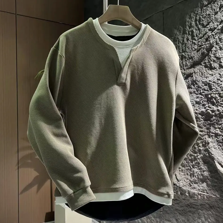 False Two-Piece Patchwork Sweater Men's Long-Sleeved Bottoming Shirt