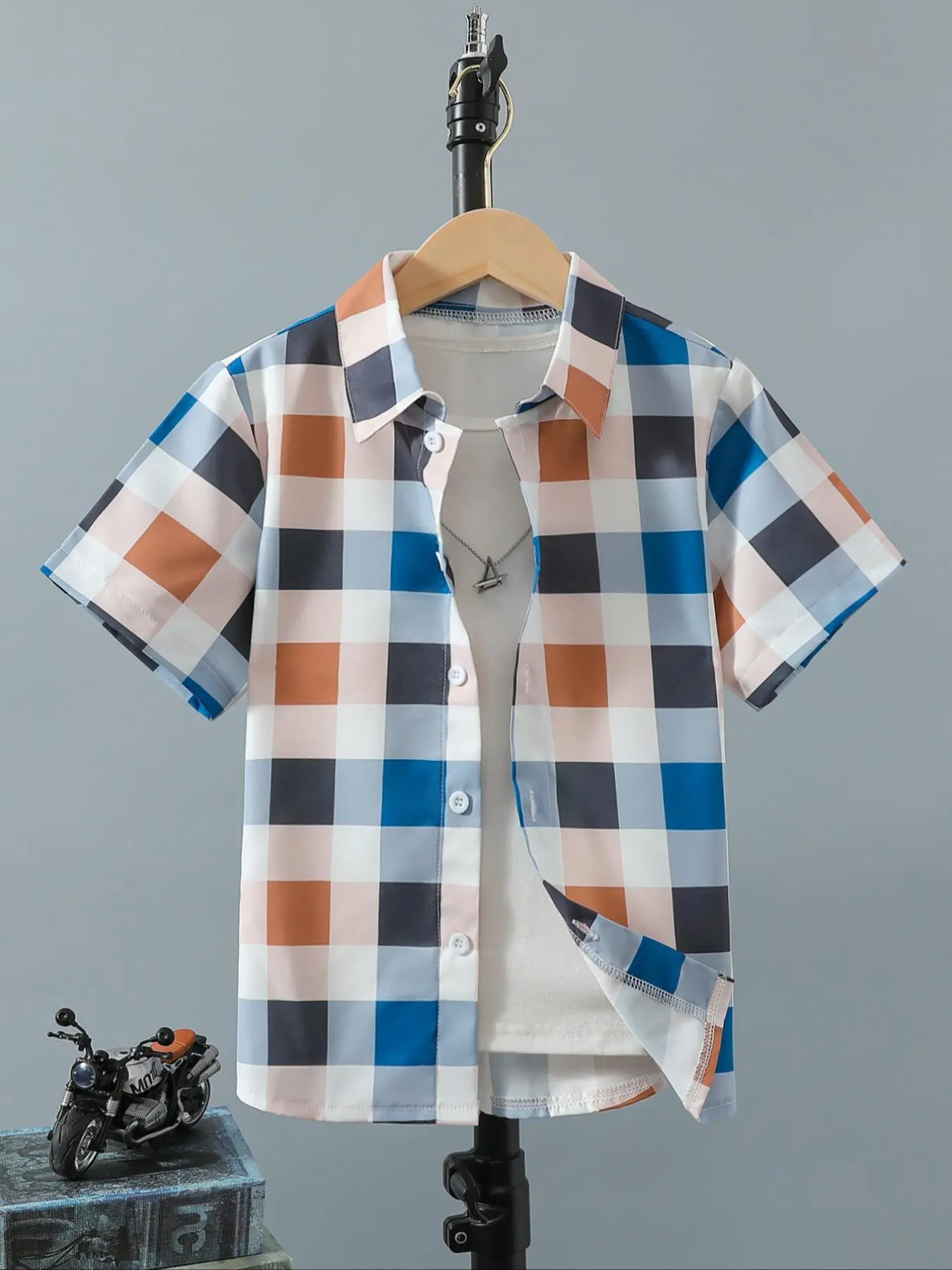 Boy's Plaid Print Button Front Shirt, Casual Short Sleeve Collar Shirt for Summer, Kids Clothes for Daily Wear
