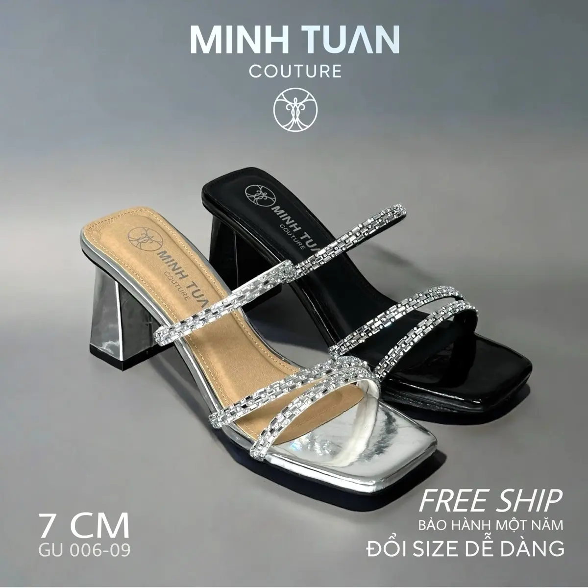 Dép gót Bạc/Đen bóng 7cm Nữ Shoes MTC GUB 006-07