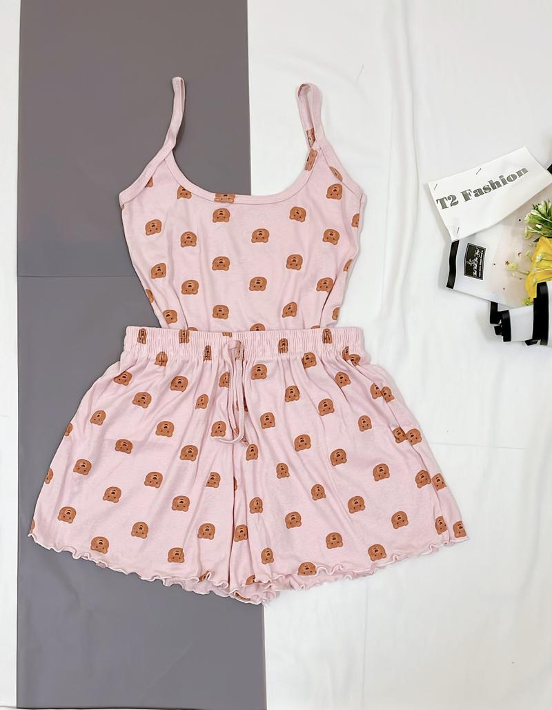 Product Introduction of Sét bộ đồ ngủ áo 2 dây và quần đùi họa tiết siu xinh chất Cotton co giãn T029 Nữ Nhung 17