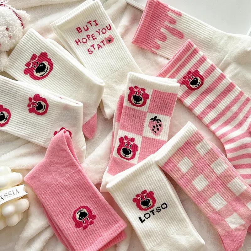 Pink Bear Cartoon Cute Sweet College Style Autumn Winter Stockings Women 1