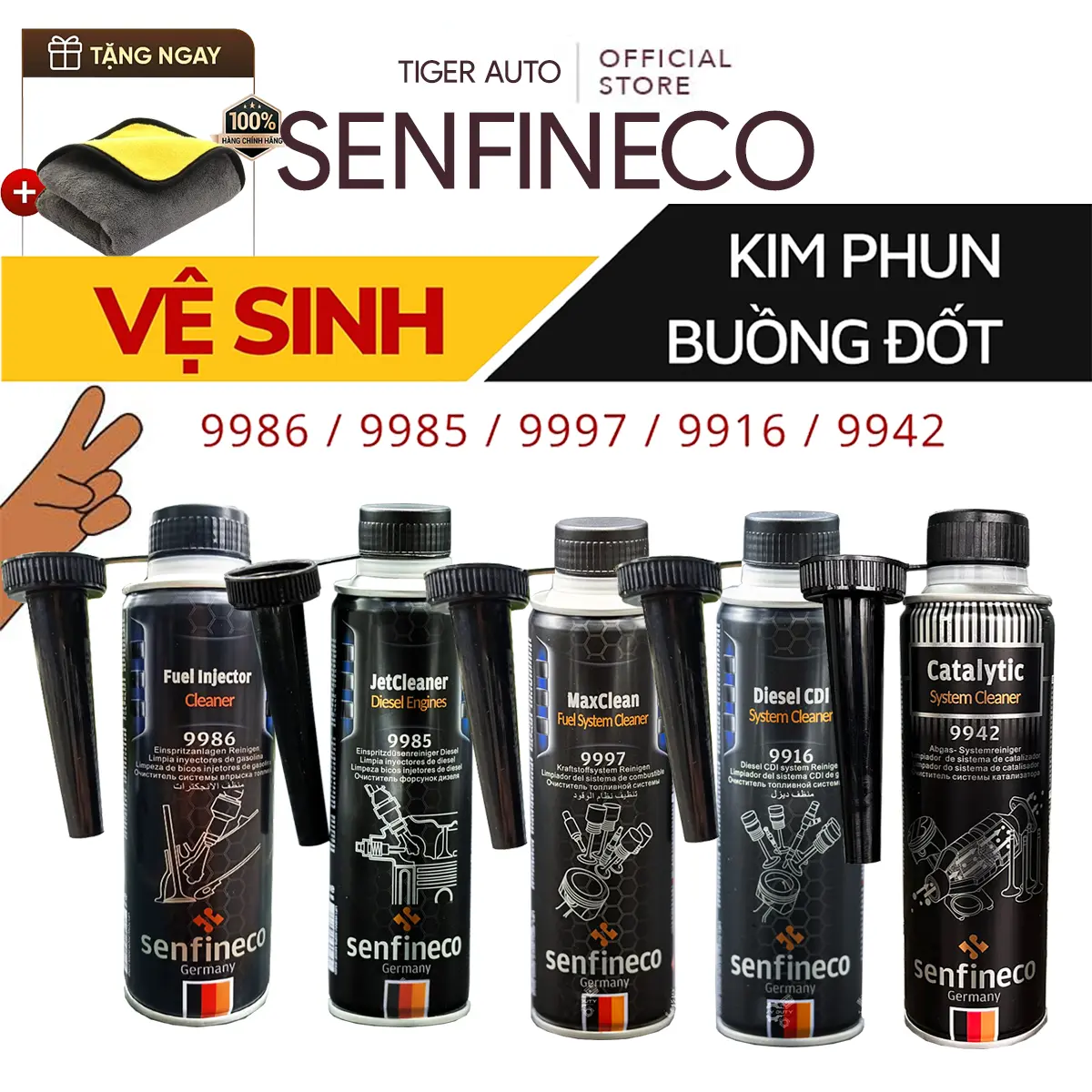 Senfineco 9985/9986/9997/9916/9942 300ml Nhập Đức, Phụ Gia Làm Sạch Buồng Đốt, Kim Phun Oto Xăng Và Diesel