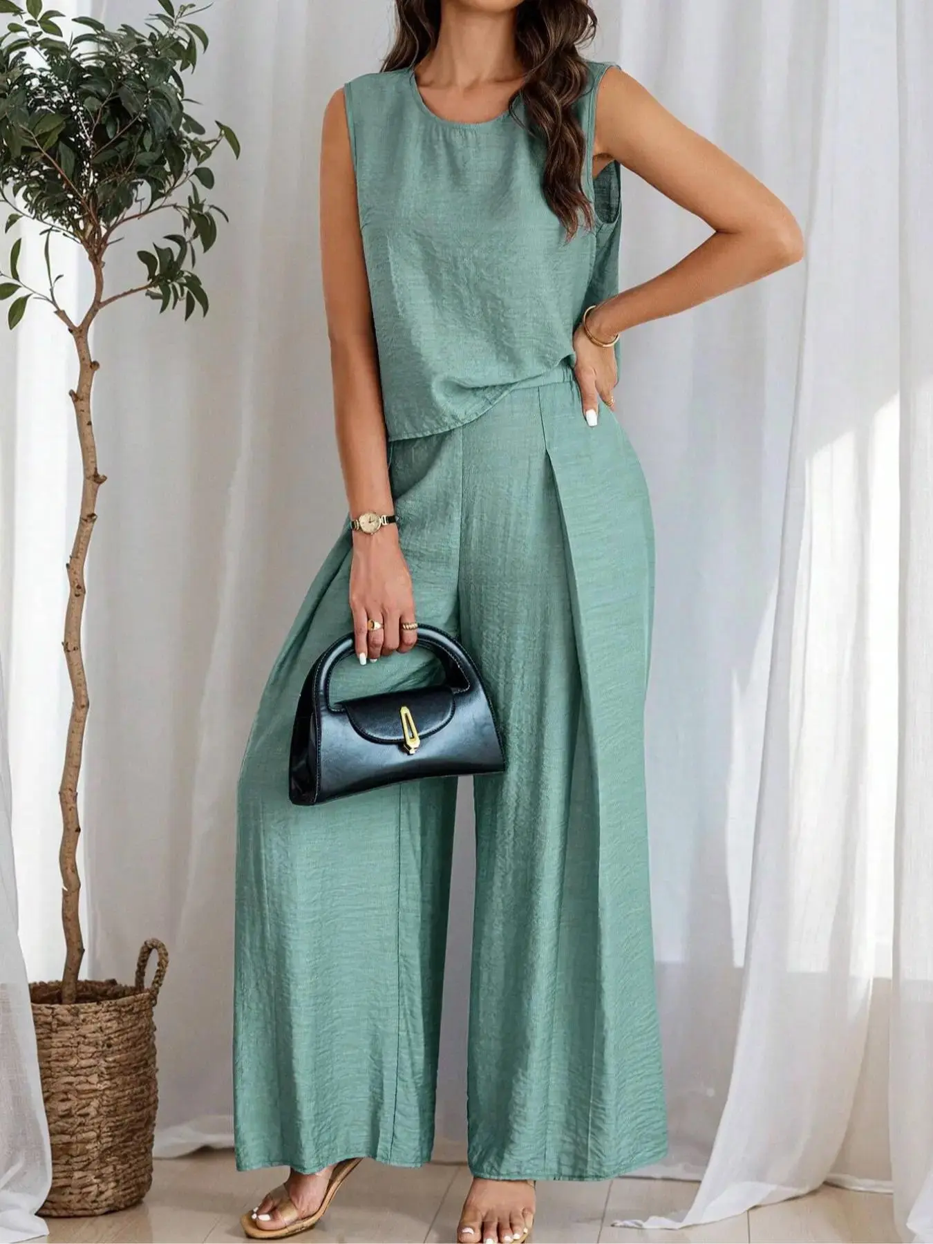 Women's Solid Color Round Neck Top & Wide Leg Pants Two-piece Set, Casual Fashion Cozy Two Piece Outfits for Daily Outdoor Wear, Ladies Clothes for All Seasons