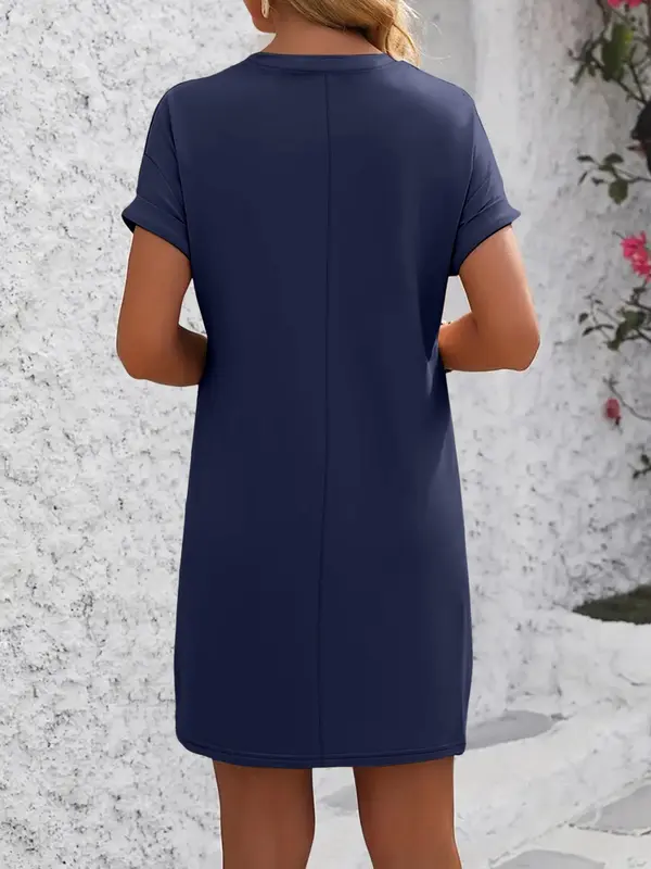 Women's Plain Curved Hem Raglan Sleeve Tee Dress, Casual Short Sleeve Round Neck Dress for Spring & Fall, Ladies Clothes for Daily Wear 5