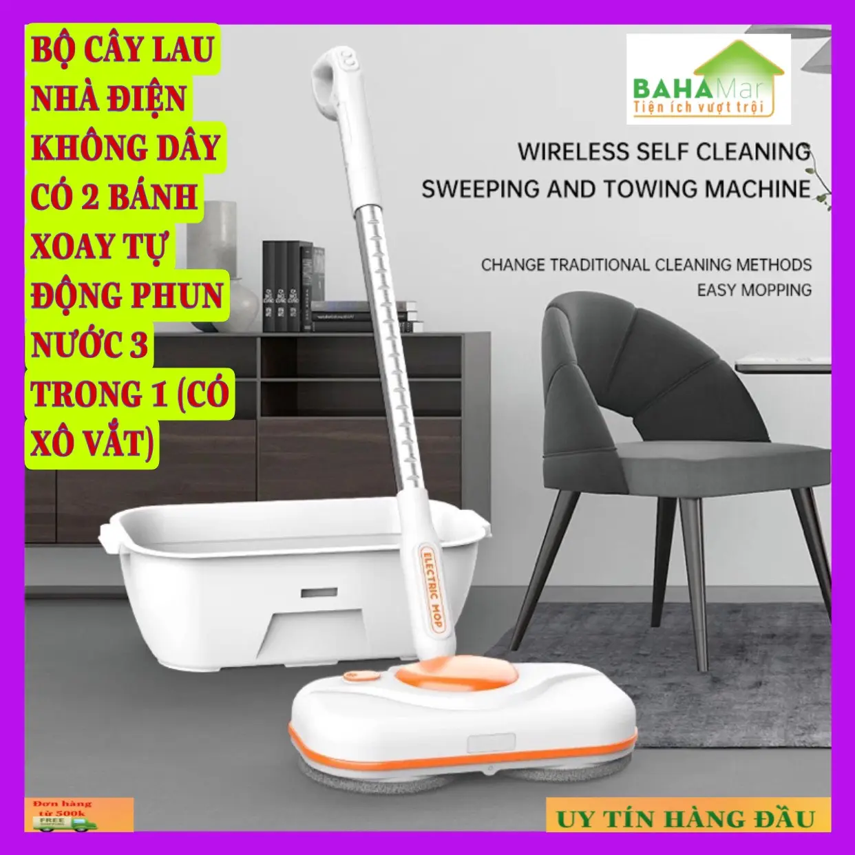 BỘ CÂY LAU NHÀ ĐIỆN KHÔNG DÂY CÓ 2 BÁNH XOAY TỰ ĐỘNG PHUN NƯỚC 3 TRONG 1 (CÓ XÔ VẮT) "BAHAMAR" Phù hợp dùng: Phòng khách, phòng ngủ, văn phòng, nhà bếp