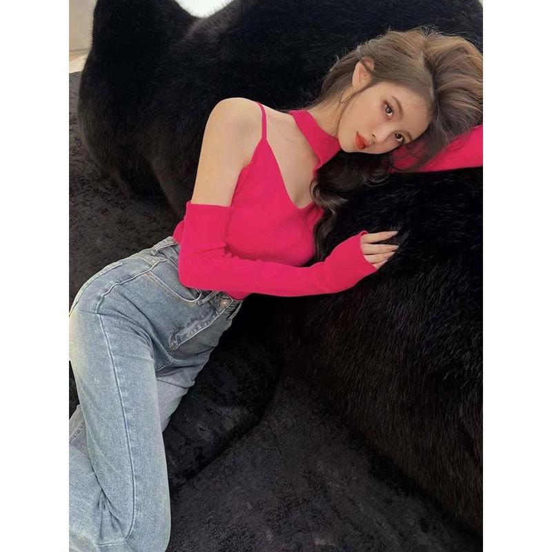 Áo Nữ Tay Áo Dài Trễ Vai, Màu Hồng Nhạt, Áo Sơ Mi Sarong Cơ Sở Nhỏ Cho Nữ, Áo Sơ Mi Quây Acubi, Áo Ba Lỗ Quân Đội, Dành Cho Nữ 2